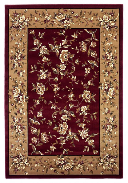 8' X 11' Red And Beige Floral Vines Area Rug