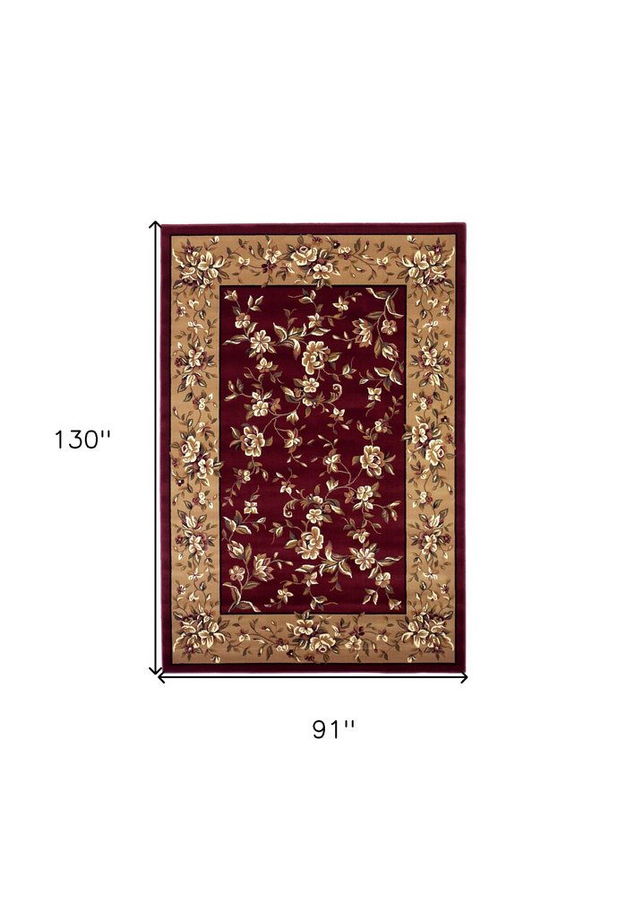 8' X 11' Red And Beige Floral Vines Area Rug