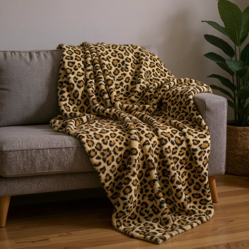 50" X 70" Brown and Black Faux Fur Leopard Plush Throw Blanket