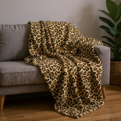 50" X 70" Brown and Black Faux Fur Leopard Plush Throw Blanket
