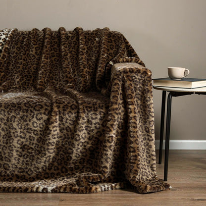 50" X 70" Brown and Black Faux Fur Leopard Plush Throw Blanket