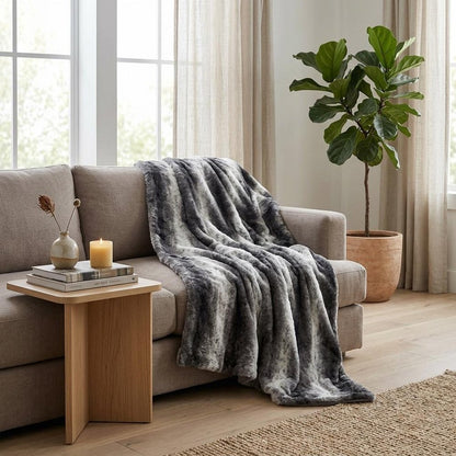50" X 70" Gray and White Faux Fur Striped Plush Throw Blanket