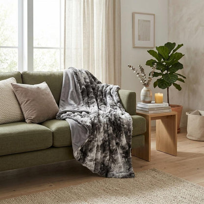 50" X 70" Dark Gray and Ivory Faux Fur Plush Throw Blanket