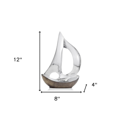 12" Brown and Silver Buffed Aluminum Sailboat Tabletop Sculpture