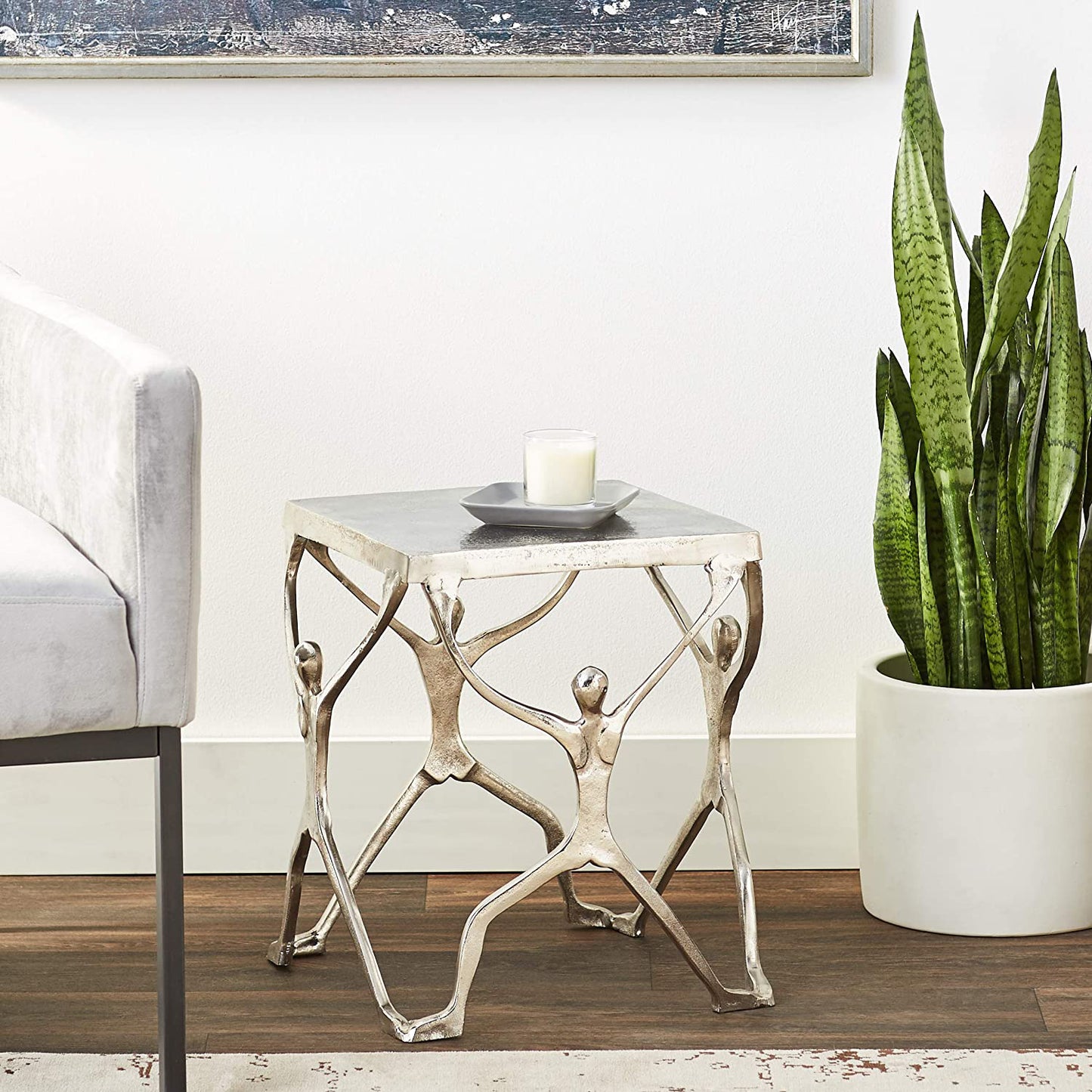 18" Silver And Antiqued White Aluminum Square End Table