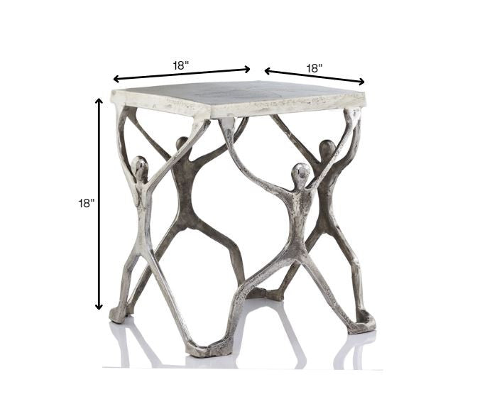 18" Silver And Antiqued White Aluminum Square End Table