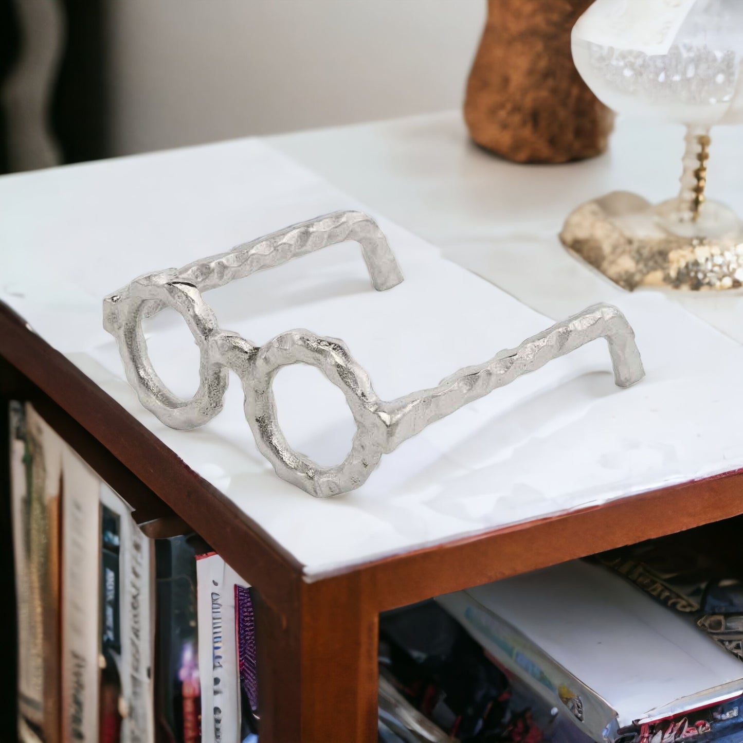 Hammered Silver Metal Eyeglasses Sculpture