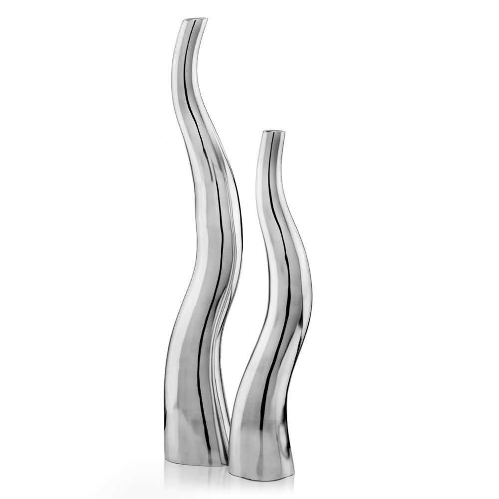 Set of Two Silver Aluminum Squiggly Table Vases