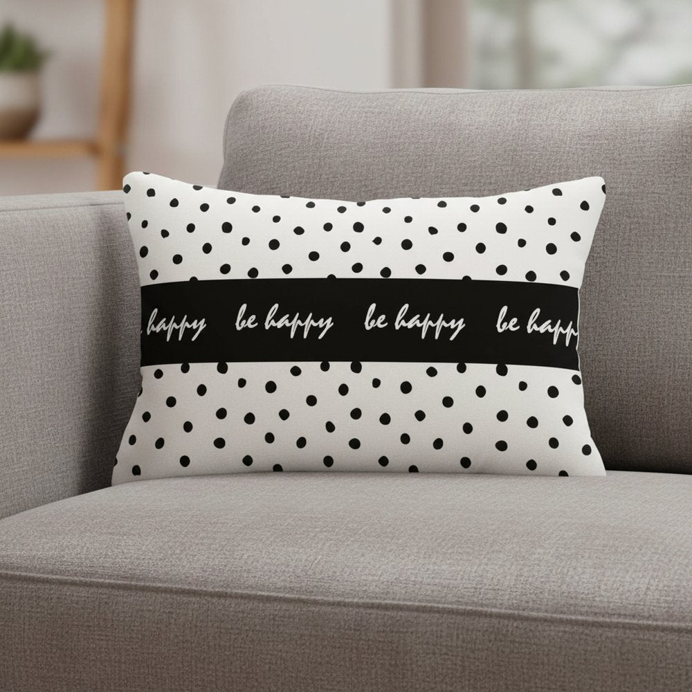 12" X 20" Black And White Lumbar Be Happy Polka Dot Throw Pillow Cover