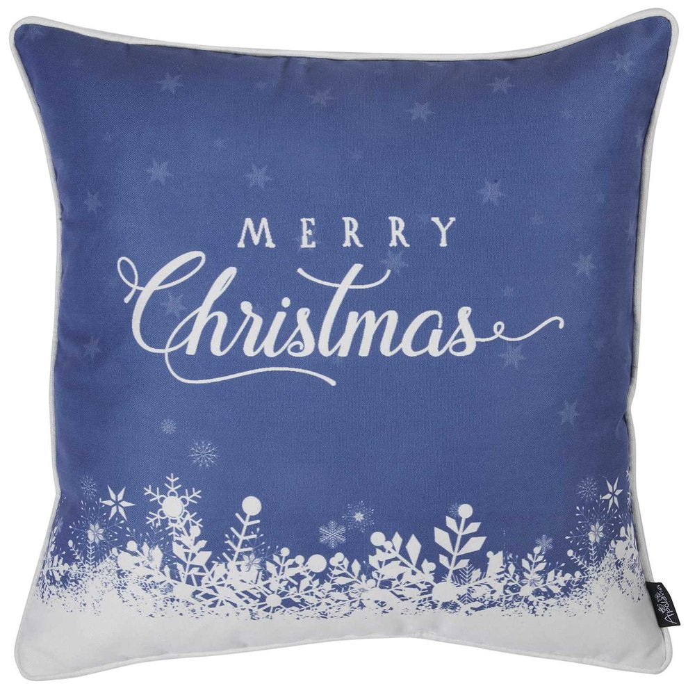 18" Blue And White Merry Christmas Snowflakes Throw Pillow Cover
