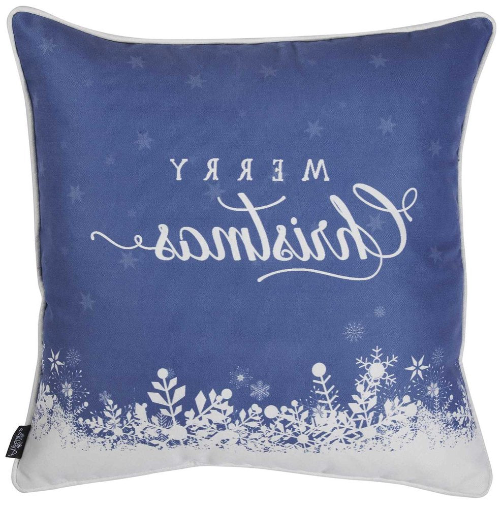 18" Blue And White Merry Christmas Snowflakes Throw Pillow Cover