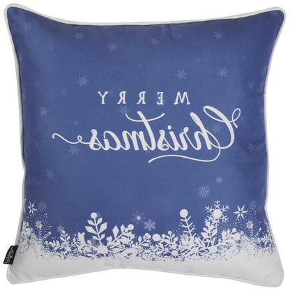 18" Blue And White Merry Christmas Snowflakes Throw Pillow Cover