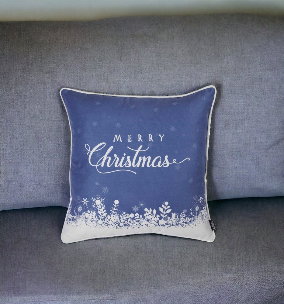 18" Blue And White Merry Christmas Snowflakes Throw Pillow Cover