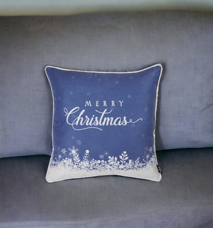 18" Blue And White Merry Christmas Snowflakes Throw Pillow Cover