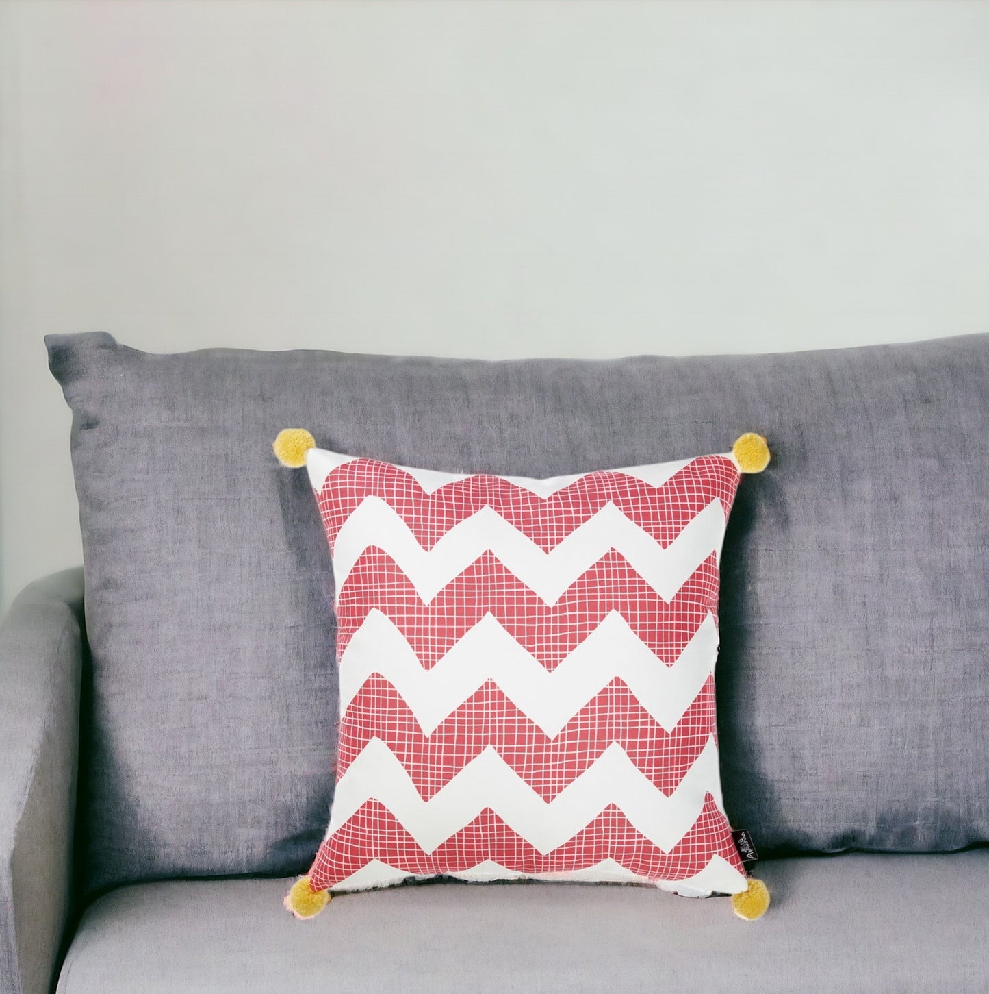 18" Pink and White Chevron Throw Pillow Cover With Pompoms