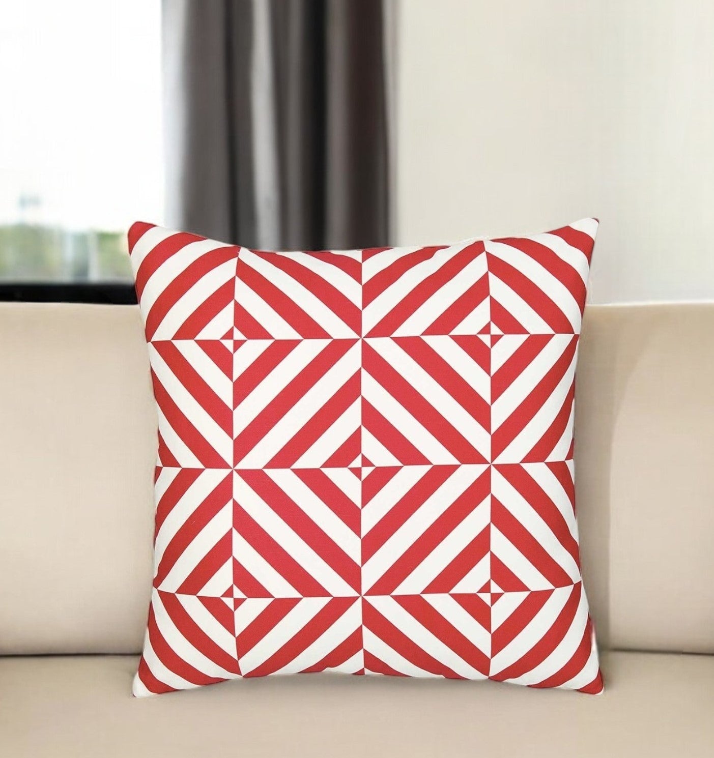 18" Red and White Geometric Throw Pillow Cover