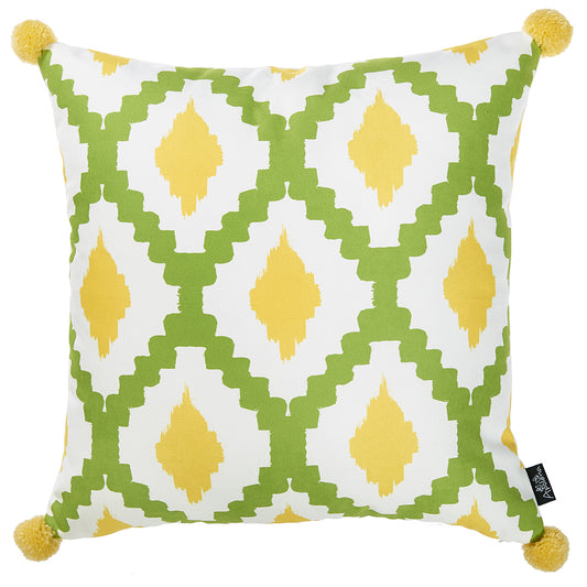 18" Yellow and Green Geometric Throw Pillow Cover With Pompoms