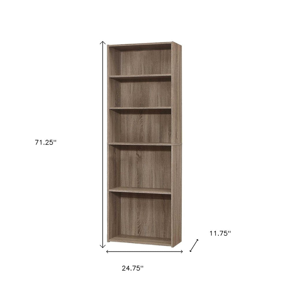 71" Taupe Distressed Wood Adjustable Five Tier Bookcase