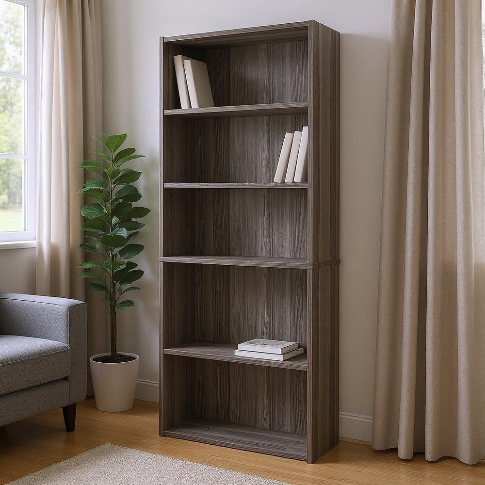 71" Gray Wood Adjustable Five Tier Bookcase