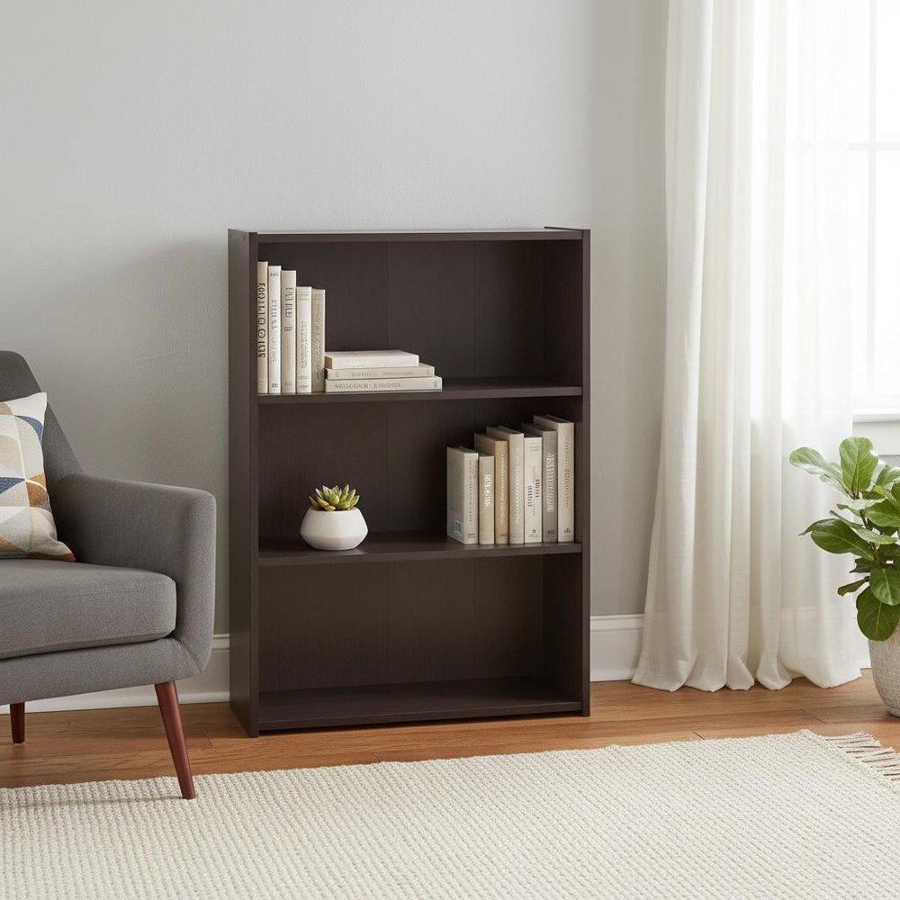 36" Espresso Wood Adjustable Three Tier Bookcase