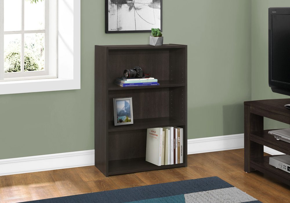36" Espresso Wood Adjustable Three Tier Bookcase