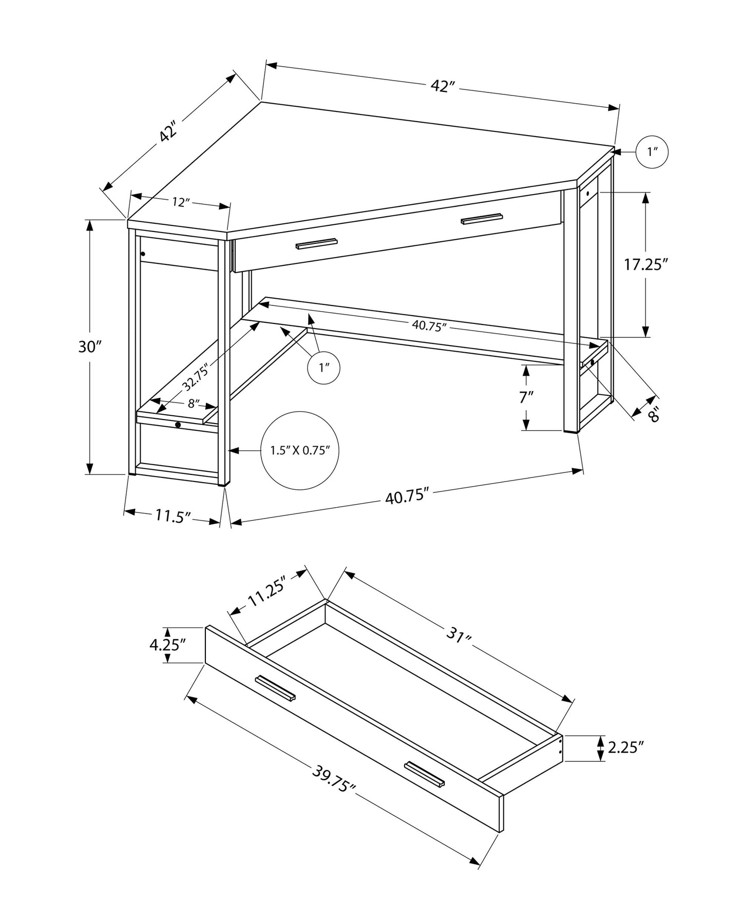 42" White and Silver Corner Computer Desk