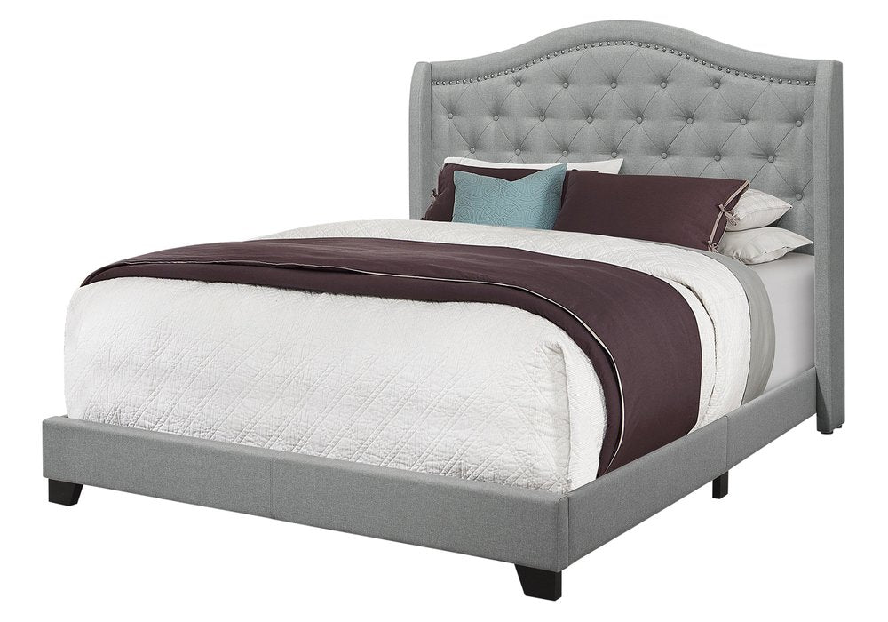 Solid Wood Queen Tufted Gray Upholstered Linen Bed With Nailhead Trim