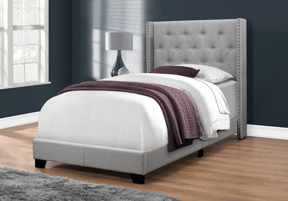 Gray Solid Wood Twin Tufted Upholstered Linen Bed Frame with Nailhead Trim