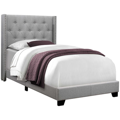 Gray Solid Wood Twin Tufted Upholstered Linen Bed Frame with Nailhead Trim