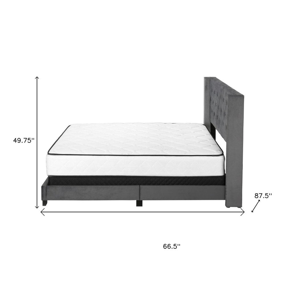 Solid Wood Queen Tufted Gray Upholstered Velvet Bed With Nailhead Trim