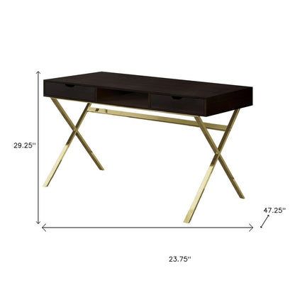 24" Dark Brown and Gold Computer Desk With Two Drawers
