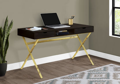 24" Dark Brown and Gold Computer Desk With Two Drawers
