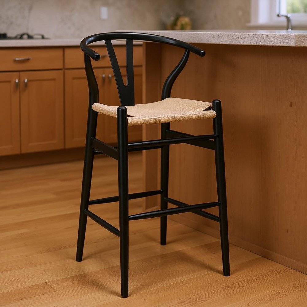 30" Natural And Black Rush And Solid Wood Low Back Counter Height Bar Chair