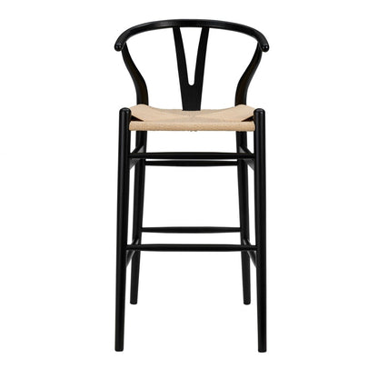 30" Natural And Black Rush And Solid Wood Low Back Counter Height Bar Chair