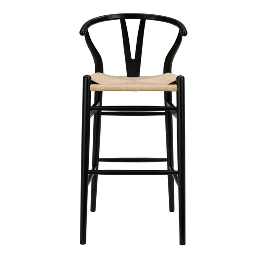 30" Natural And Black Rush And Solid Wood Low Back Counter Height Bar Chair
