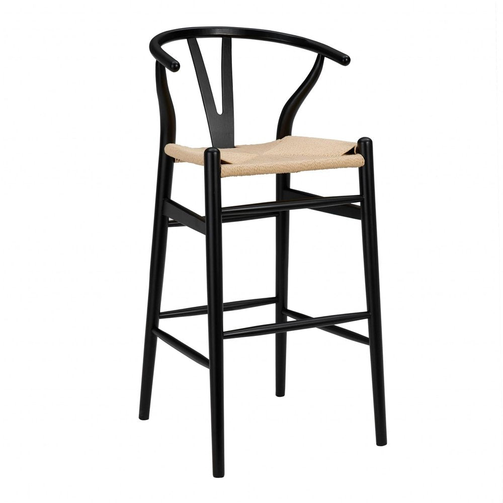 30" Natural And Black Rush And Solid Wood Low Back Counter Height Bar Chair