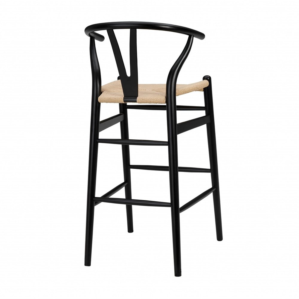 30" Natural And Black Rush And Solid Wood Low Back Counter Height Bar Chair