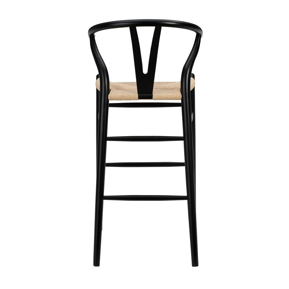 30" Natural And Black Rush And Solid Wood Low Back Counter Height Bar Chair