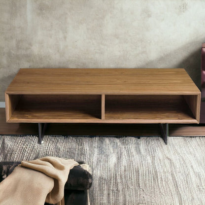 47" Brown and Black Wood And Metal Sled Coffee Table With Two Shelves