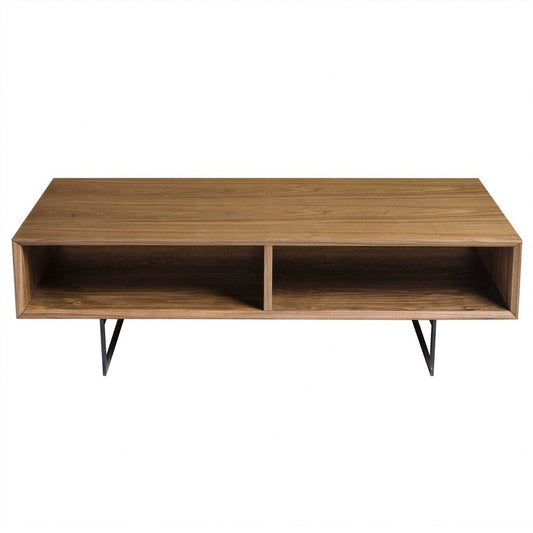47" Brown and Black Wood And Metal Sled Coffee Table With Two Shelves