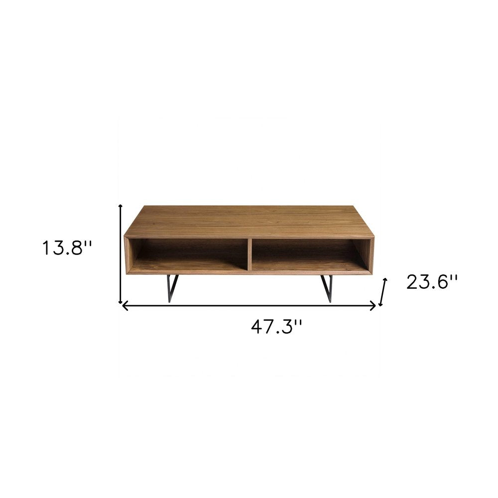 47" Brown and Black Wood And Metal Sled Coffee Table With Two Shelves