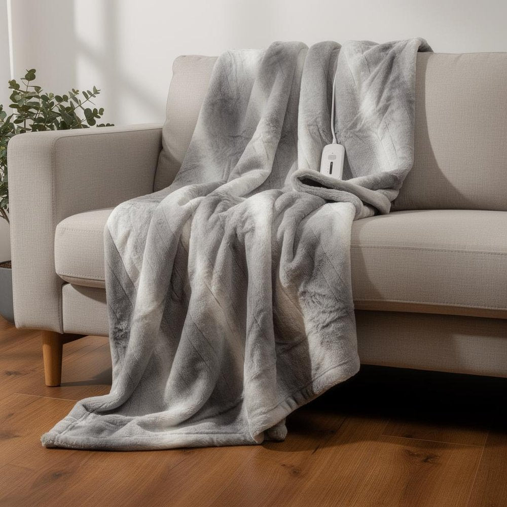 50" X 60" Gray And White Heated Electric Striped Throw Blanket
