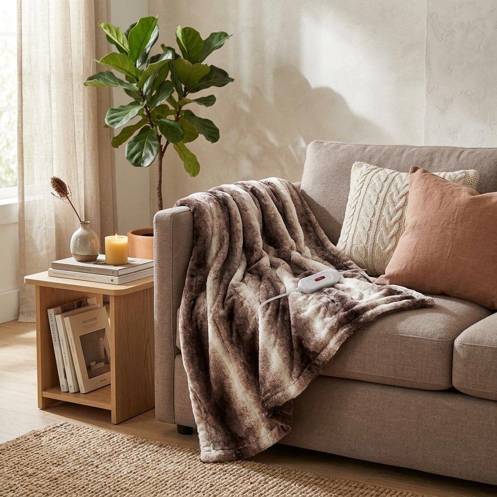 50" X 60" Brown And White Modern Contemporary Heated  Throw Blankets