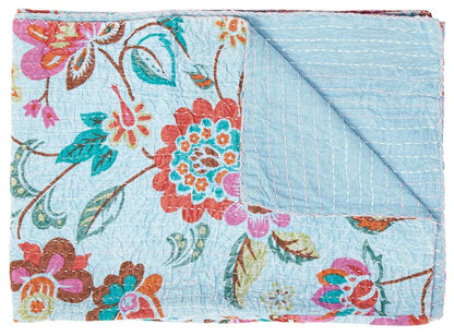50" X 70" Blue and Brown Kantha Cotton Floral Throw Blanket with Embroidery