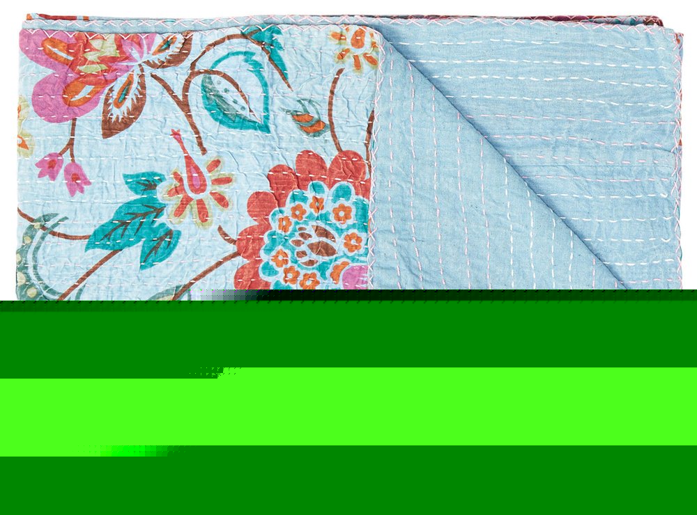 50" X 70" Blue and Brown Kantha Cotton Floral Throw Blanket with Embroidery