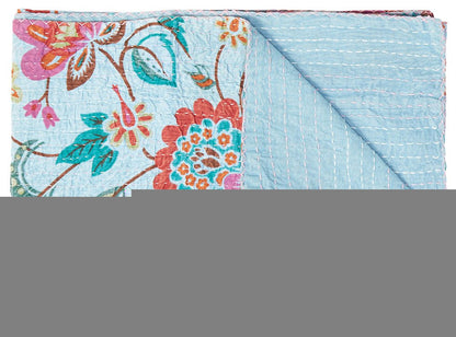 50" X 70" Blue and Brown Kantha Cotton Floral Throw Blanket with Embroidery