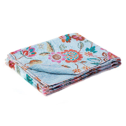 50" X 70" Blue and Brown Kantha Cotton Floral Throw Blanket with Embroidery