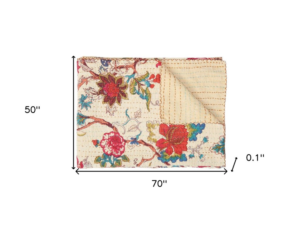 50" X 70" Green and Pink Kantha Cotton Abstract Throw Blanket with Embroidery