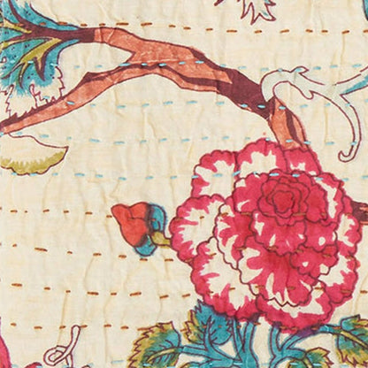 50" X 70" Green and Pink Kantha Cotton Abstract Throw Blanket with Embroidery