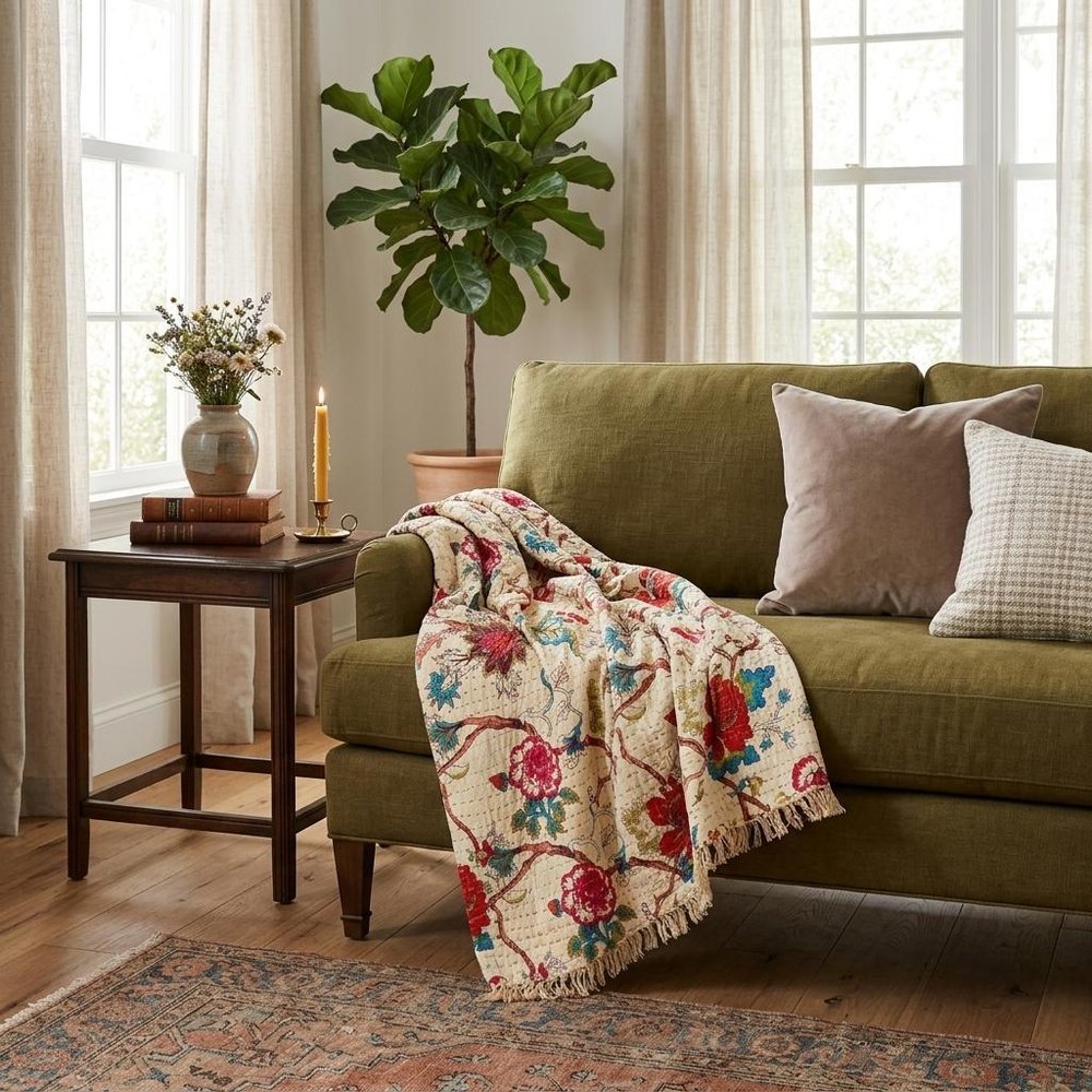 50" X 70" Green and Pink Kantha Cotton Abstract Throw Blanket with Embroidery